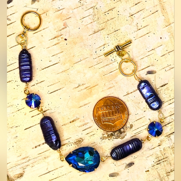 Swarovski Crystal Electric Blue & Natural Blue Biwa Pearls In Artisan Bracelet - Picture 5 of 8